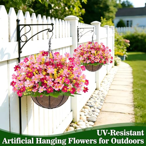 Artificial Hanging Flowers Basket for Outdoor Spring Summer Decor (Daisy Pink Mix)