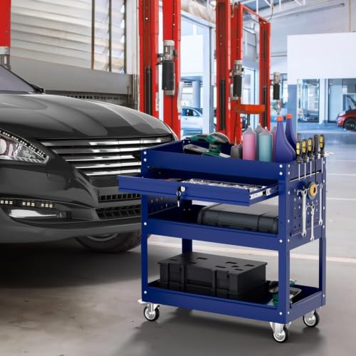 3 Tier Tool Cart on Wheels with Drawers (Blue)
