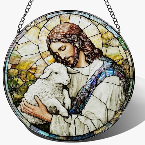 8 Inches Jesus Holding Lamb Painted Stained Glass Suncatcher (Jesus-e)