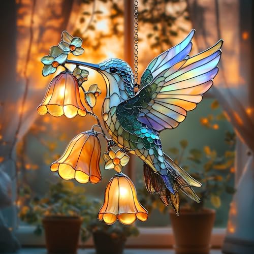 Hummingbird Flower Acrylic Suncatcher Bird Window Hanging Gift for Hummingbird Lover Garden Decor Plant Mom Gift for Mom Grandma (1-fba-ctm-evg-d964-g.2 / 5")