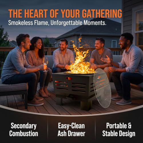 Smokeless Wood Fire Pit with BBQ Grill for Camping & Backyard (Country Rustic)