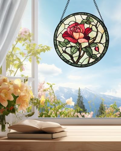 Stained Glass Window Hanging Red Rose Suncatcher Gifts for Women 15"