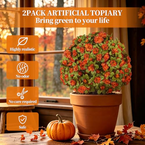 2 Pack 24" Fall Artificial Azalea Topiary Balls with Ground Spike (Fall Azalea)