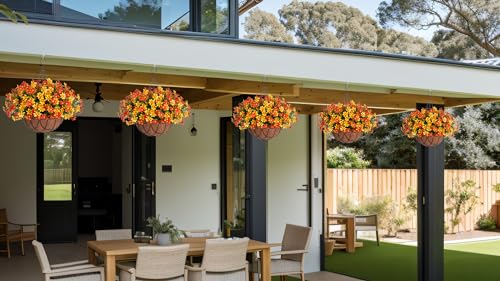 Artificial Fall Mums Flowers with Hanging Basket for Outdoor (Corange)