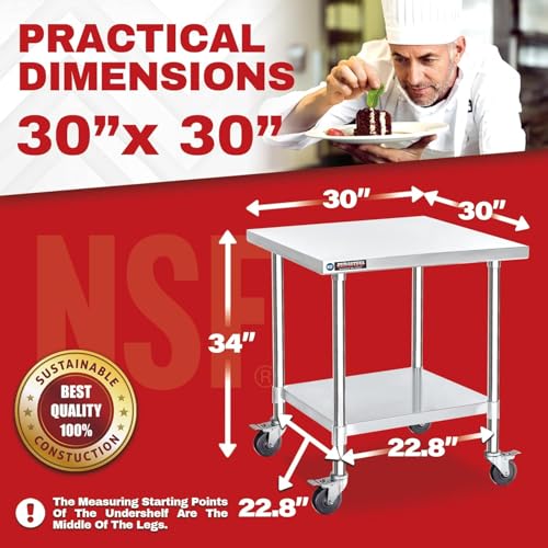 30x30 NSF Stainless Steel Cart Work Table (30" x 30" / Table Cart with Casters)