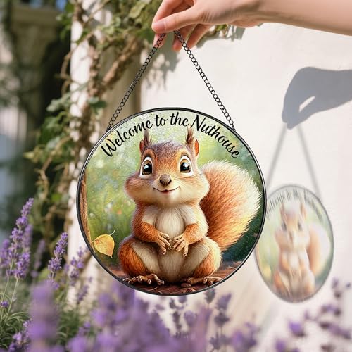 Stained Glass Window Hanging 8" Welcome to the Nuthouse Squirrel Sun Catchers (Squirrel)