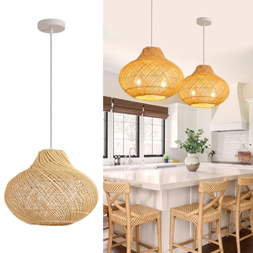 15" Rattan Pendant Light (Black Metal+Rattan / 14.96" 2-Light)