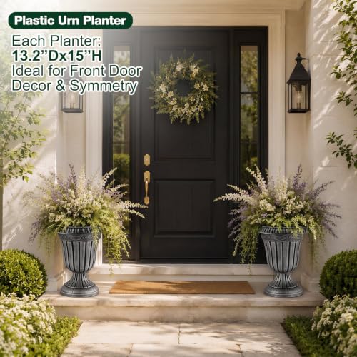 4 Pcs 13 x 15 Inches Silver Plastic Urn Planter Classic Flower Pots Front Porch Planters Indoor Outdoor Planters with Pedestal for Wedding Party Bridal Shower Garden Patio Porch (13 x 15 Inches / Silver)