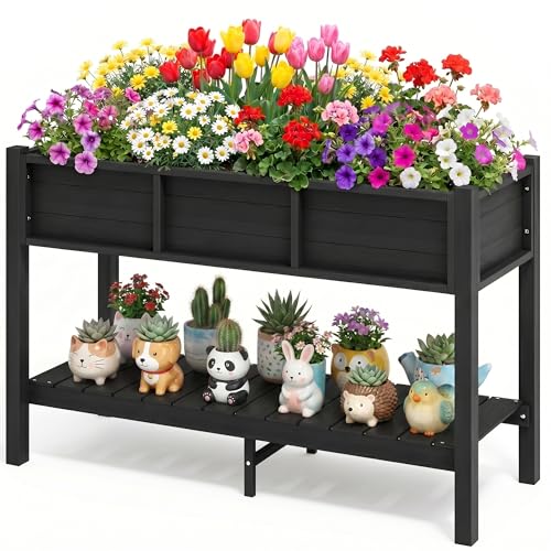 Raised Planter Box with Legs 48x18x30in Raised Garden Bed HDPE Poly Wood Weather (Black / 48x18x30in w/shelf)