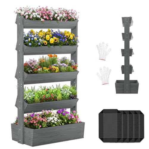 5 Tiers Vertical Raised Garden Bed Outdoor Planter Tower (31.5" x 18" x 67" 5 Tier / Gray-vertical)