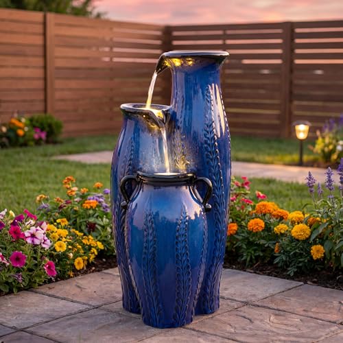 30" Outdoor Water Fountain (Blue Cascading Vase Cobalt 29.5"h)