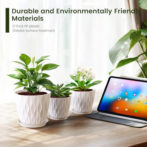 7/6.5/6/5.5/5/4.5/4 inch Plant Pots for Indoor Outdoor Plants, 7 Pack Thick Flower Pots with Drainage Holes and Saucers, Modern Wave Texture Plastic Planter Pots for Nursery, Succulent, White (White / 7+6.5+6+5.5+5+4.5+4 inch 7 pieces)
