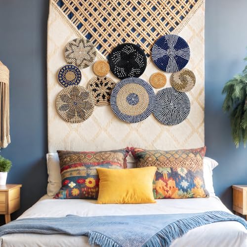 11 Pcs Boho Wall Basket Decor Woven Wall Hanging Art (Blue)