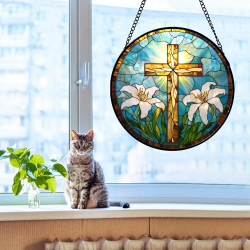 Cross with White Lilies Stained Glass Window Hanging Suncatcher Gifts 7.8" (Blue and Brown / 7.8x7.8 IN)