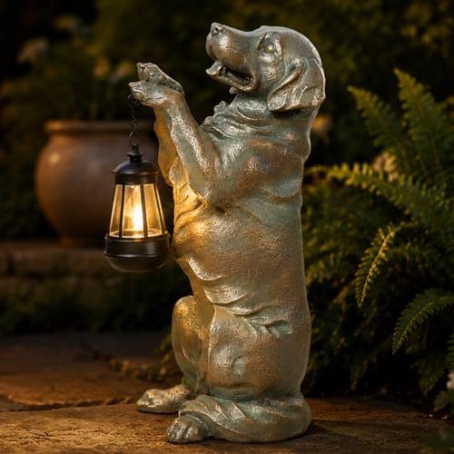 Solar Garden Statue Outdoor Decor 17.5 In Golden Retriever Dog with Lantern (Bronze 17.5in)