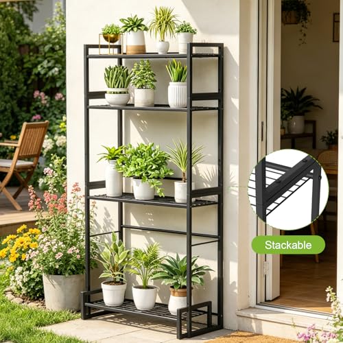 Plant Stand 4 Tier Widened Stackable Tiered Plant Stand (Black 9.84"W)