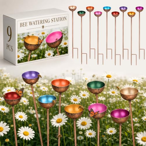 9 Pcs Bee Watering Station for Garden Metal Watering Cup (Colorful)