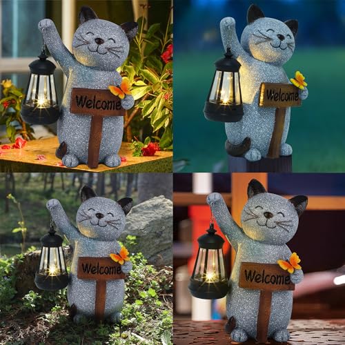 Garden Statue Solar Cat Figurine with LED Lantern