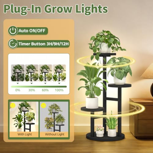 Wood Small Plant Stand Table Indoor Tall with Lights (Black with Light / 3 Tier)