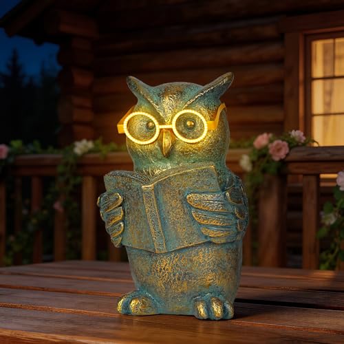 Reading Owl Statue with Solar Glasses Garden Decor Gift for Women (Owl)