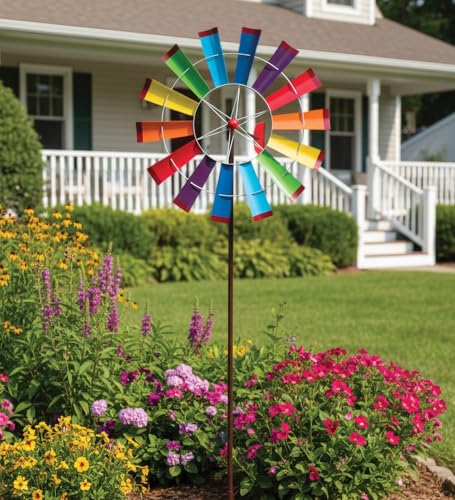Wind Spinner Outdoor Metal Kinetic Yard Art with Stake (Rainbow / Medium (70-79 Inch))