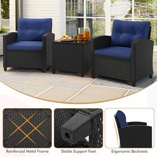 3 Pieces Wicker Patio Conversation Set (Black & Navy)
