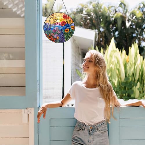 Wildflowers Sun Catcher 9.8'' Stained Glass Window Hanging Plant Lover Gifts for Women Wildflowers Wall Decor Handmade Sun Catcher Decoration for Window Garden Home Christmas & Birthday Gifts (Wildflowers / 9.8inch)