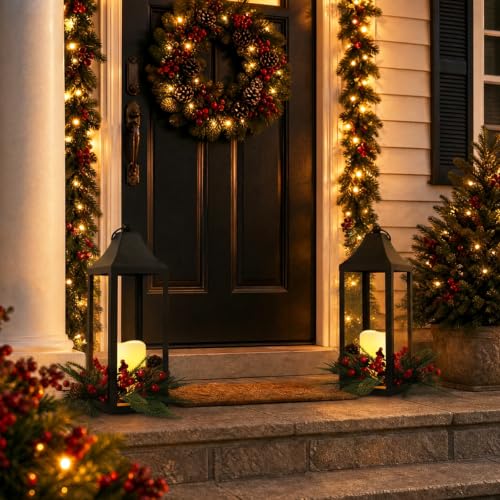 Black Metal Christmas Lantern with Flameless LED Candle Holiday Decor