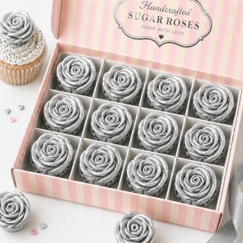 Metallic Edible Shimmering Christmas Silver Roses (Silver)