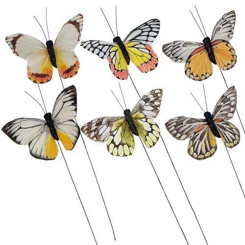 Artificial Feather 3D Butterfly Party Decorations Set of 12 with Wire 6 Color Ornaments for Home Decoration (C Wire)