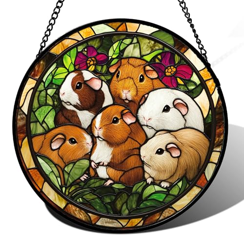 Guinea Pig Family Garden Stained Glass Window Hanging Suncatcher Gifts 6.3" (Brown and White / 6.3x6.3 IN)