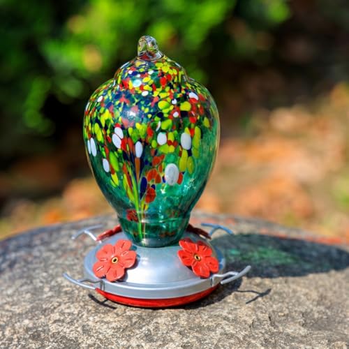 Hummingbird Feeder for Outdoors Patio Large 32 Ounces Colorful Hand Blown Glass Hummingbird Feeder with Ant Moat Hanging Hook