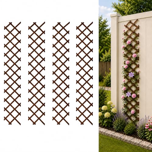 Wood Trellis for Climbing Plants Outdoor (Brown-4PC / 13" x 68")