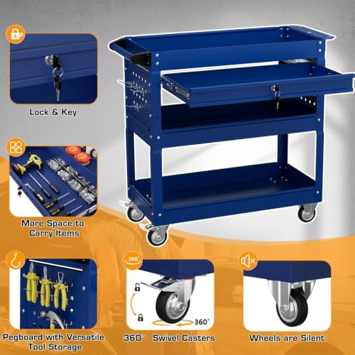 3 Tier Tool Cart on Wheels with Drawers (Blue)