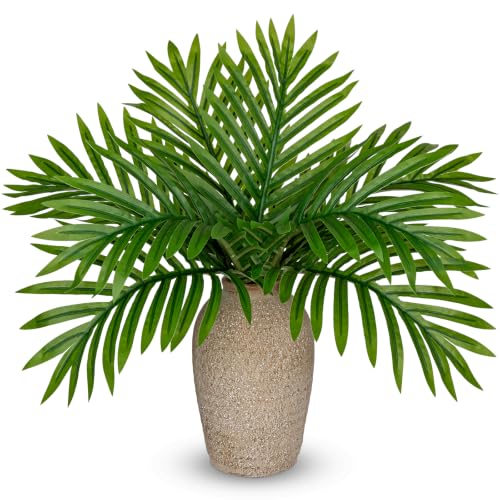 Fake Plants 15" Faux Palm Plant in a Vintage Ceramic Vase Realistic Leaves (Palm Plant)