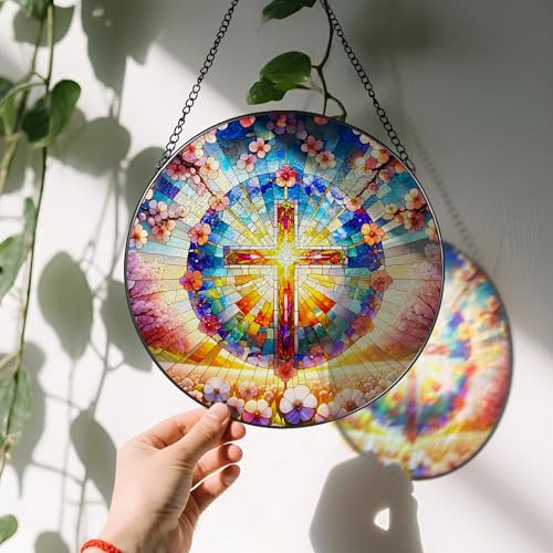 8 Inches Cross Stained Glass Suncatcher (Cross-b)