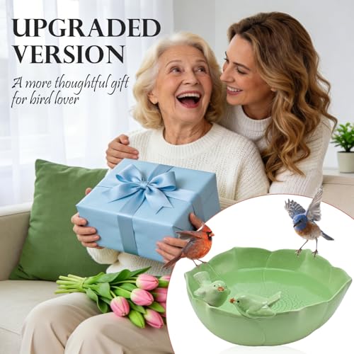 Glazed Ceramic Bird Bath Bowl for Outdoor Ground (Light Green)