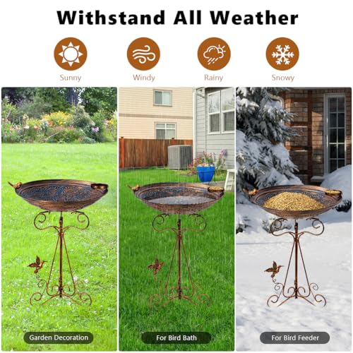 13" Vintage Metal Bird Bath with Cast Iron Pedestal (Brown-1)