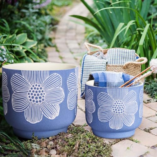 Ceramic Plant Pots (8+6 Inch / Modern Matte Blue Floral)