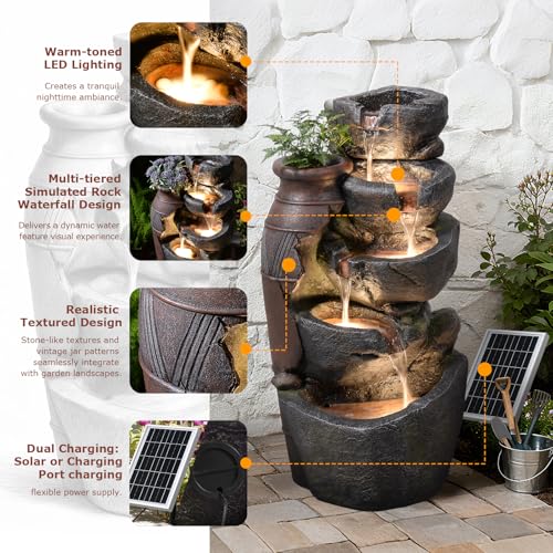 31.7" Tall Rock Solar Water Fountain Outdoor Waterfall (31.7’’H / Solar-jar & Stacked Stone)