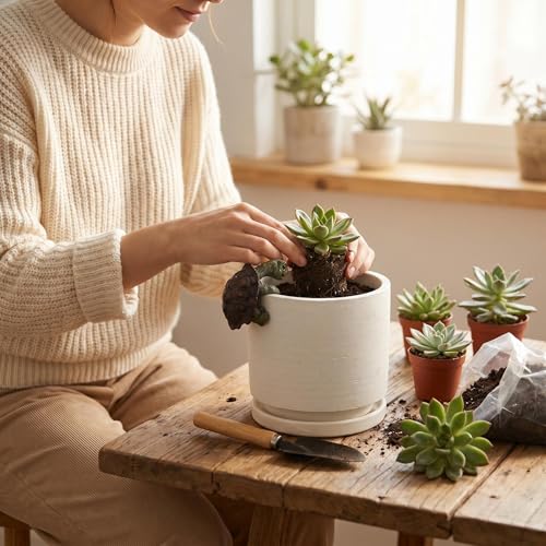 Ceramic Plant Pot with Resin Figure (White+rt / 5.7 Inch)