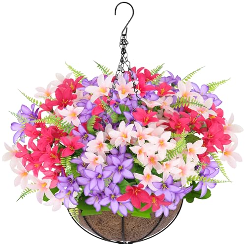 Artificial Faux Hanging Plants Flowers Basket for Outdoors Spring Summer Decoration (Hyacinth Fuchsia Mix)