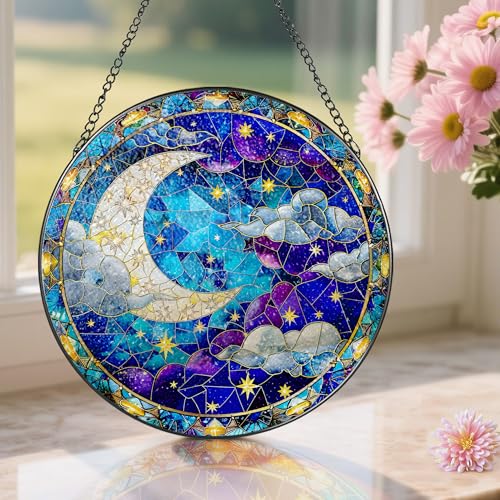 8 Inch Moon and Star Stained Glass Ornament (Night Sky)