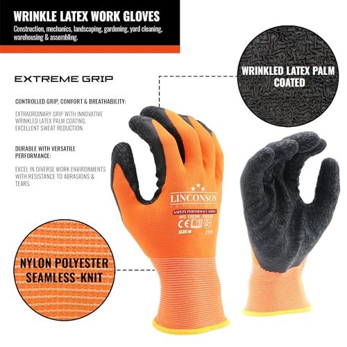 12 Pack Safety Performance Series Construction Mechanics Wrinkle Latex Work Gloves (XX-Large (120 Pairs) / Orange)