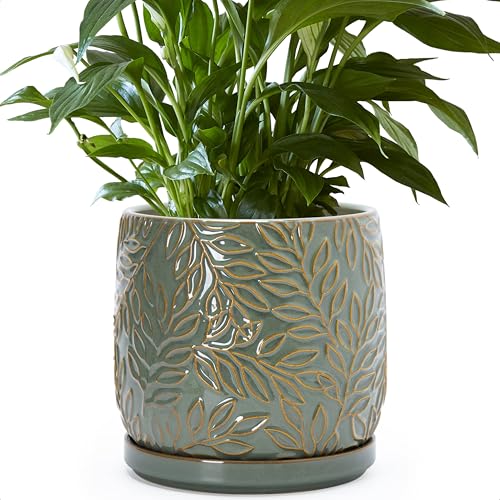 Embossed Leaves Ceramic Planter (8 Inch / Olive)