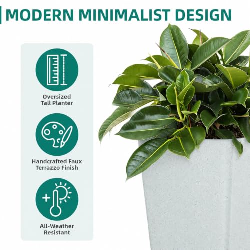 Autodaya 28" Plant Pots Tall Planters for Outdoor Plants Set of 2 with Tray (Tall Terrazzo White-28")