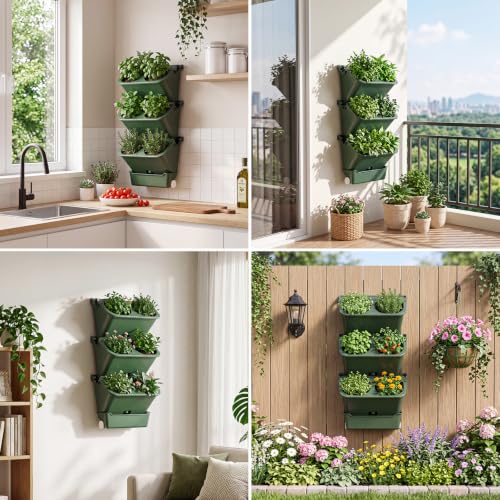 3 Set 6 Pocket Vertical Stackable Wall Planters Kit Outdoor Self Watering Plastic Planter Grow Hang Mount System for Strawberry Flower Vegetable Home Fence Balcony Wall Decor (Military Green)