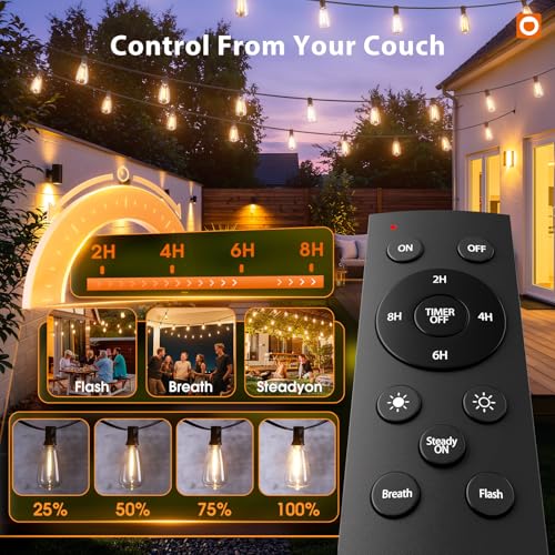 200(50FT*4) Outdoor String Lights with Remote LED Edison Waterproof (Black-Remote / 200FT (45 Sockets))