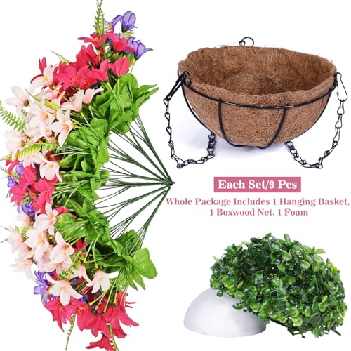 Artificial Faux Hanging Plants Flowers Basket for Outdoors Spring Summer Decoration (Hyacinth Fuchsia Mix)