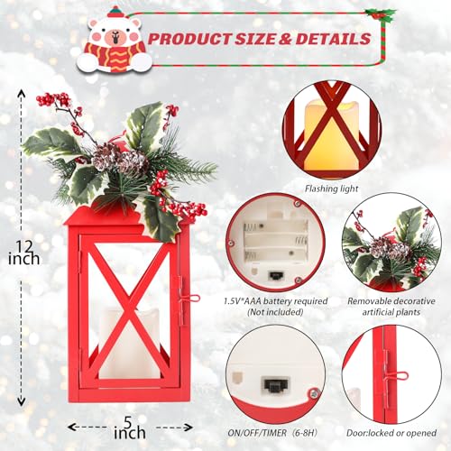 Christmas Lanterns 2 Pack 12'' Red Metal with Candle Holiday Decor